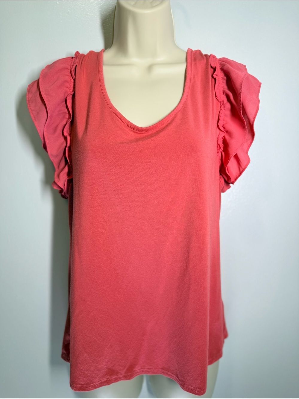 cooper & ella Coral Pink Ruffle Sleeve scoop neck Blouse Small